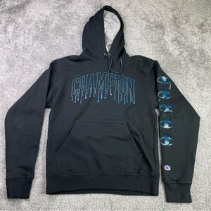 Champion Hoodie Men's Small Black Long Sleeve Spell Out Drip Pockets